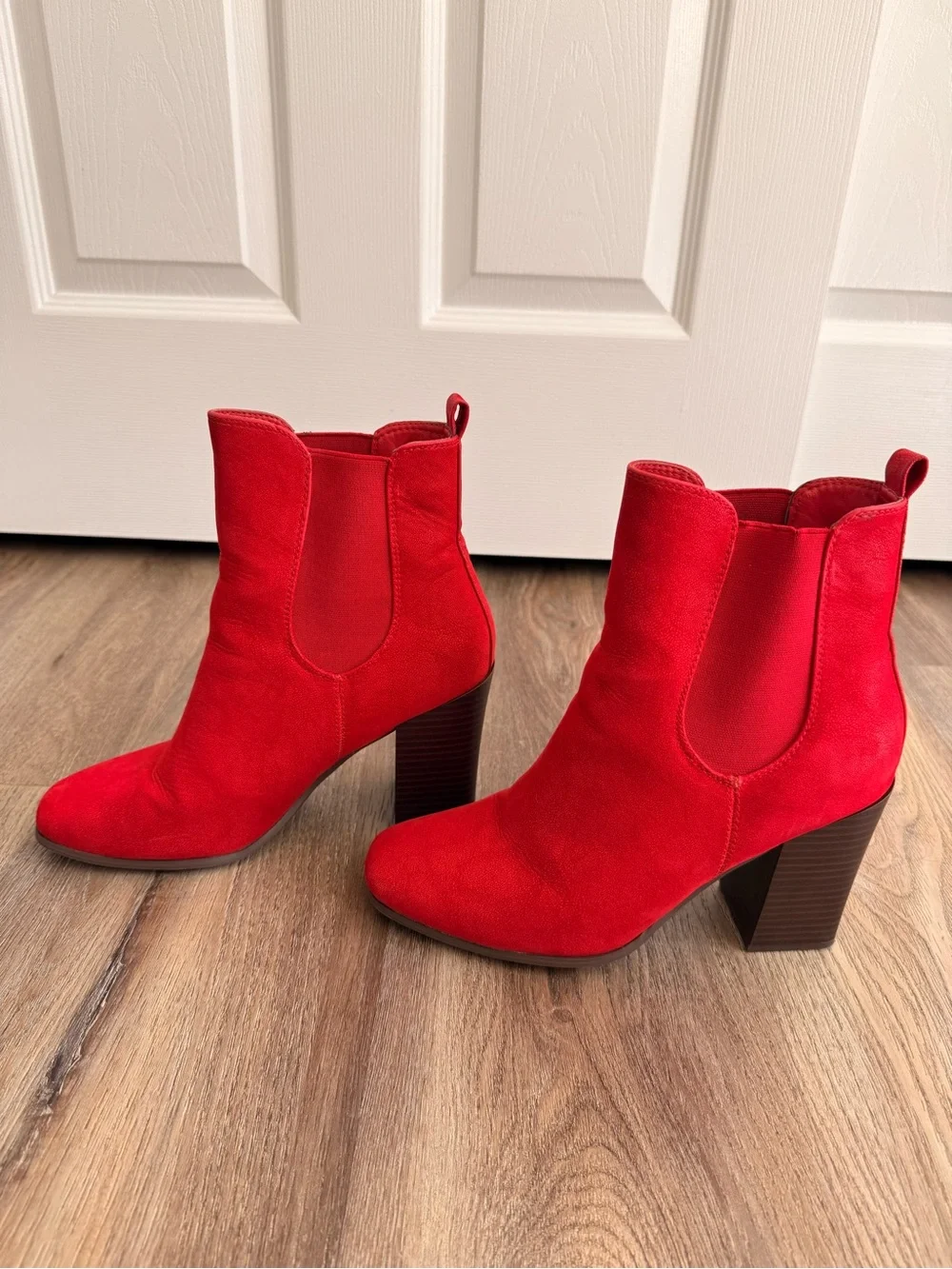 Journee Collection Red Suede-Look Block Heel Ankle Boots